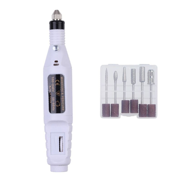 The UNIQ Basic 6-in-1 Electric Nail File by UNIQ features a white design with a black display, speed control switch, and includes six interchangeable drill bits in a transparent case—an essential manicure kit for precise nail care.