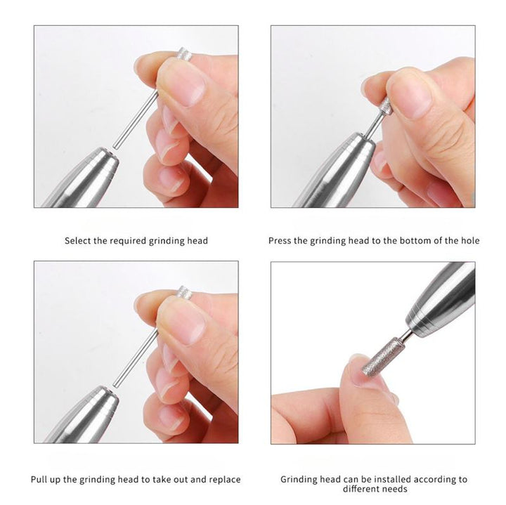 Four-step visual guide for the UNIQ Compact Electric Nail File Kit by UNIQ: shows hands selecting, inserting, removing, and replacing the grinding head—each step features correct hand positions and visible parts of this portable manicure tool.