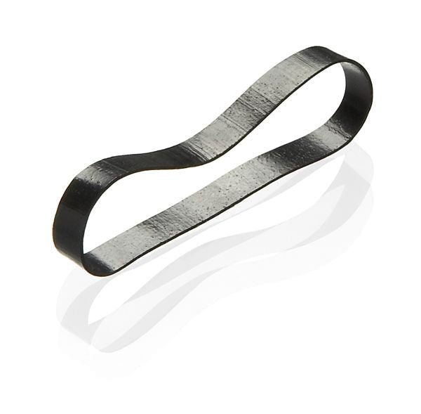 A set of BLAX Hair elastics - Black (8 pcs) by BLAX, featuring flat, narrow bands with a half-twist for a continuous loop design, resembling flexible plastic hair ties and shown on a white background with a subtle shadow.