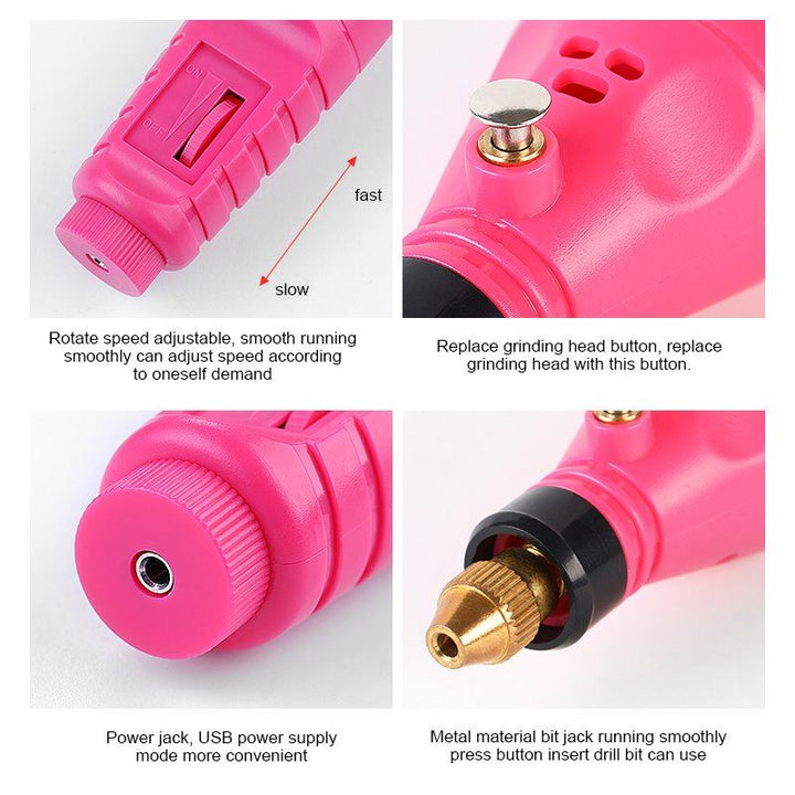 The Fashiongirl Electric Nail File 6-in-1 Manicure Set—Pink is featured in four close-ups showing its speed control switch, grinding head replacement button, USB power jack, and metal drill bit holder for smooth nail care.