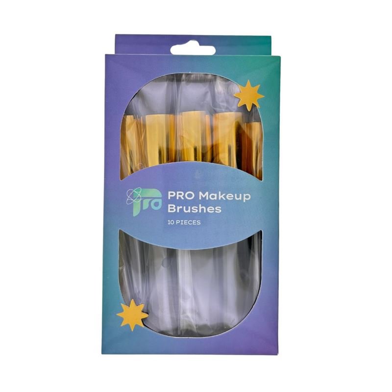 The PRO Makeup Brush Set Black/Gold includes 10 premium kabuki and precision brushes with gold handles, all from PRO, packaged in a blue-green gradient box featuring a clear window and yellow star accents.