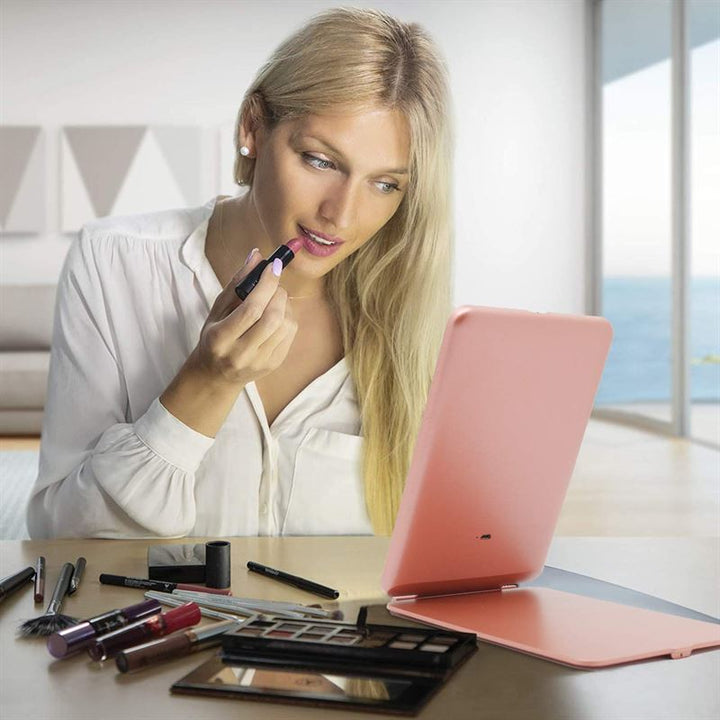 UNIQ Foldable Rechargeable LED Mirror - Vanity Travel Mirror - Pink - Mirror