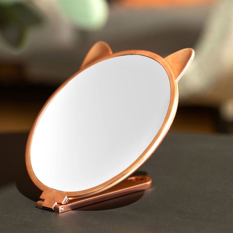 UNIQ Round Hand Mirror with Cat Ears, Foldable - Rose gold - | Fashiongirl