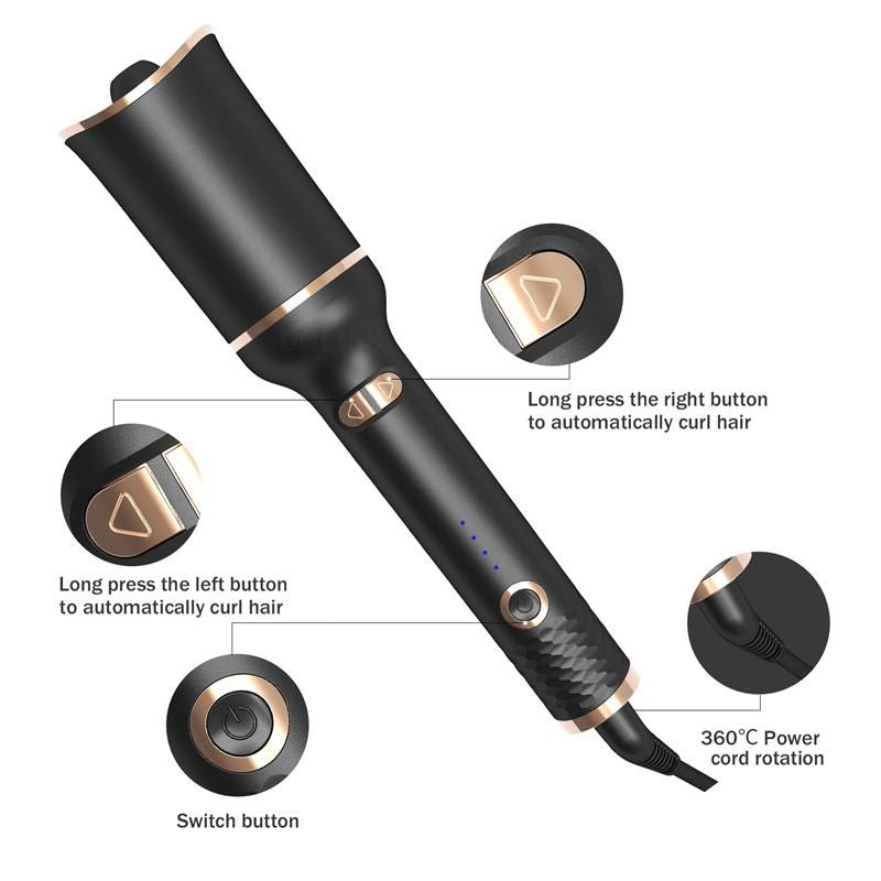 The Fashiongirl Automatic Curling Iron - Effortless Curls with 2-Way Rotation features black and gold styling, labeled buttons for curl direction, a power switch, blue indicator lights, and a 360° rotating cord for salon-quality curls at home.