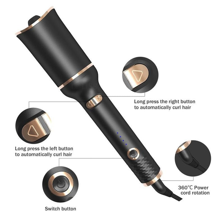 The Fashiongirl Automatic Curling Iron - Effortless Curls with 2-Way Rotation features black and gold styling, labeled buttons for curl direction, a power switch, blue indicator lights, and a 360° rotating cord for salon-quality curls at home.