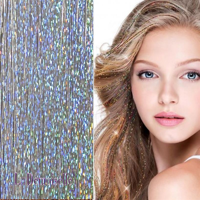 Bling Silver glitter hair extensions 100 pcs glitter hair extensions 80 cm - silver - Fashiongirl