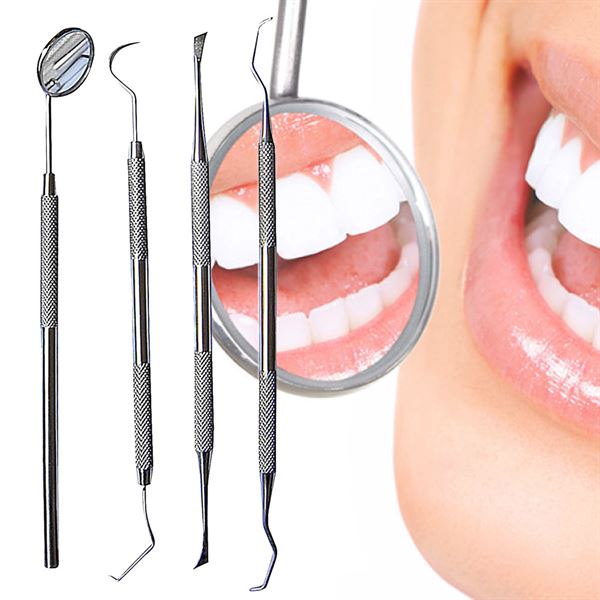 Tooth cleaning set 4 pieces for Dental Hygiene - 1 mouth mirror, 2x Curette tooth cleaner, 1 scraper - Fashiongirl